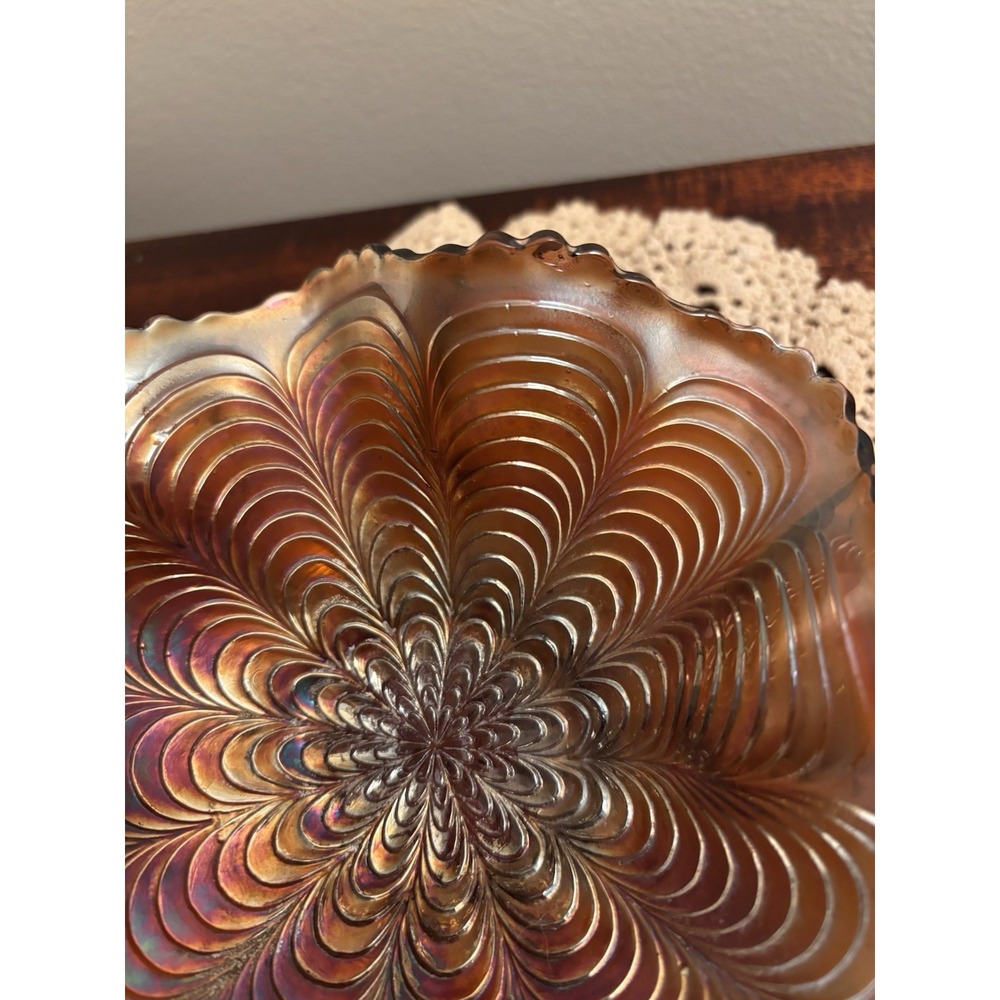 Vintage Fenton Marigold Carnival Glass Ruffled Bowl Peacock Tail Iridescent - Picture 8 of 11